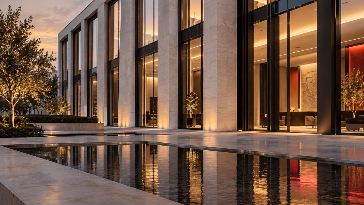 Illustratives Architekturmotiv im warmen Abendlicht