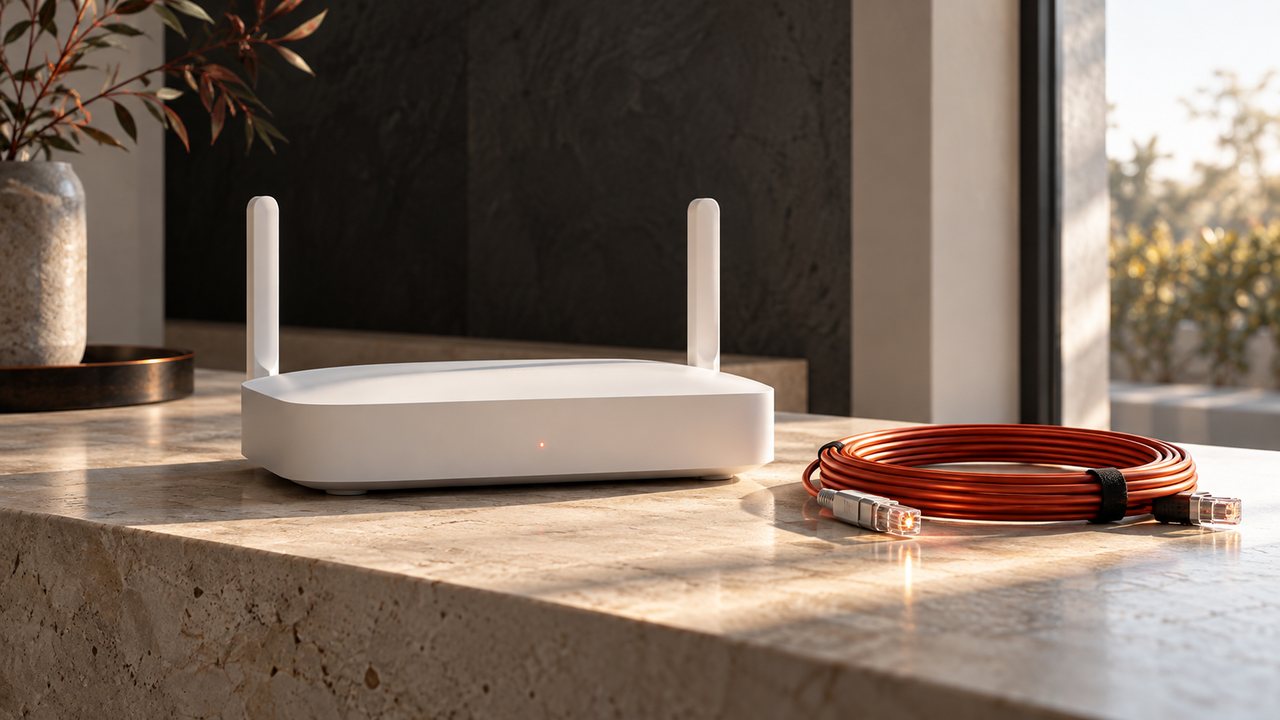 Router und Anschlusskabel auf einer hellen Steinfläche
