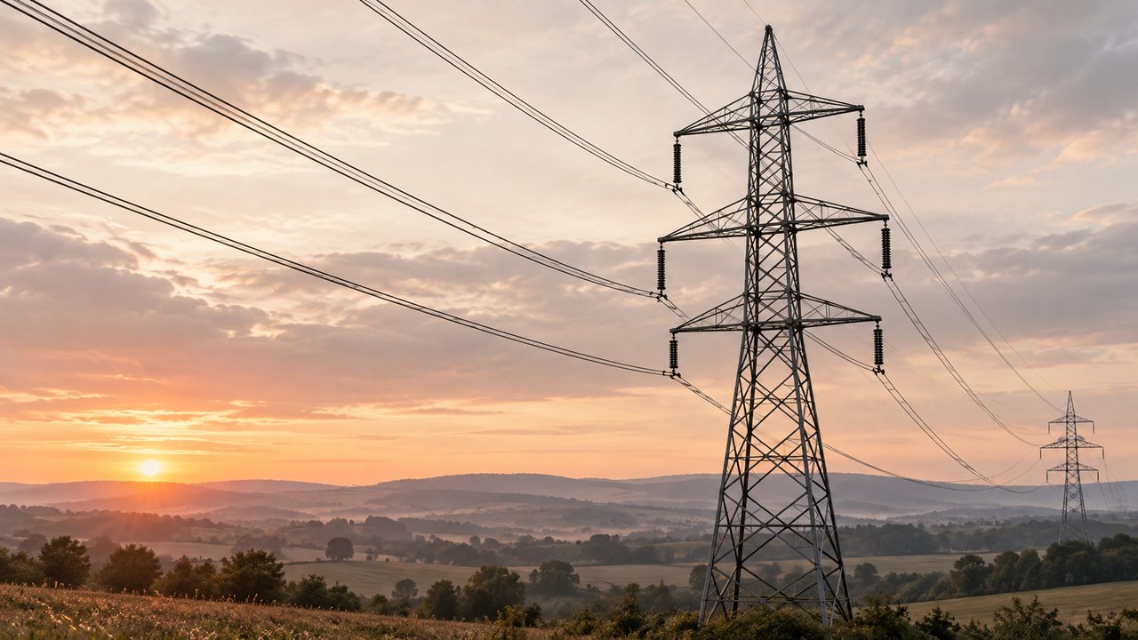 Stromleitungen über einer ruhigen Landschaft im Morgenlicht